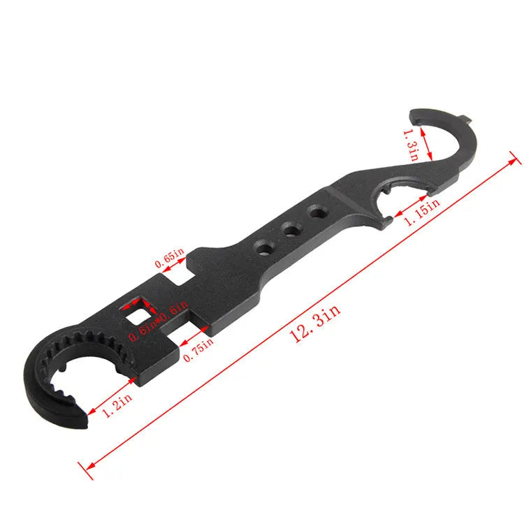 Black dual-purpose steel combination wrench for AR15 and M4 firearms maintenance.