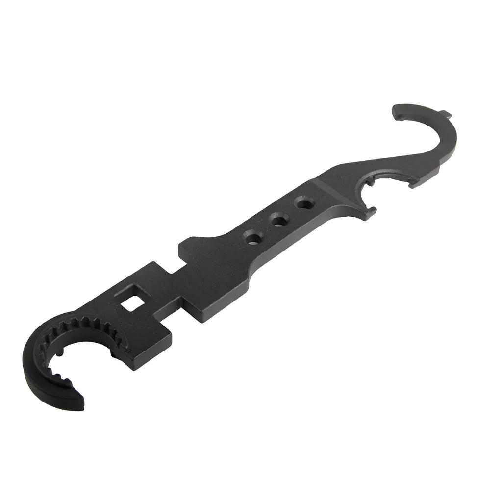 Black dual-purpose steel combination wrench for AR15 and M4 firearms maintenance.