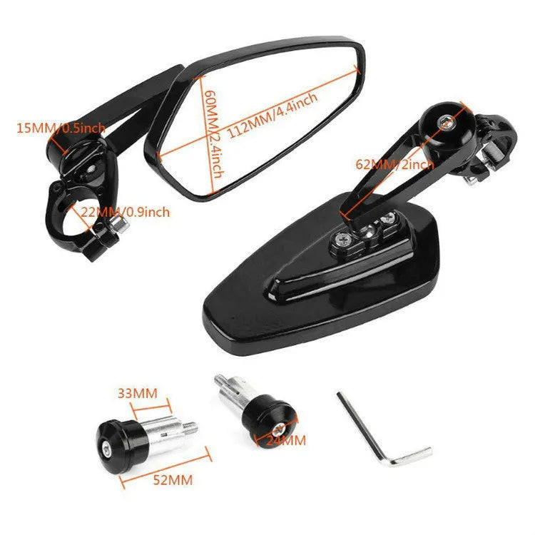 Pair of black 22mm universal aluminium alloy motorcycle handlebar end rearview mirrors