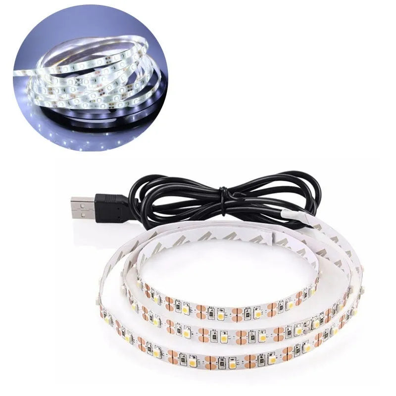 USB LED light strip with SMD5050 LEDs showing white illumination along 1 metre flexible strip with USB cable