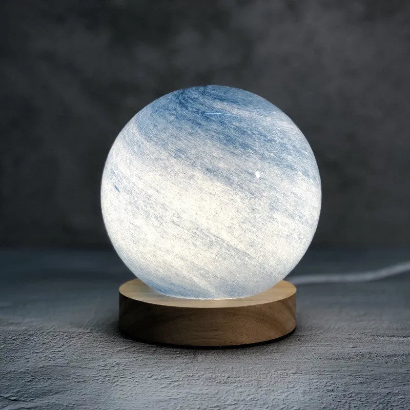 Girl Heart Planet bedside lamp with glass shade in chosen colour, showing button switch and USB cable