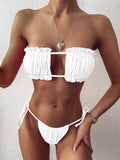 Multicolor pleated hollow bikini set with open back, polyester nylon fabric, sizes S M L for swimming