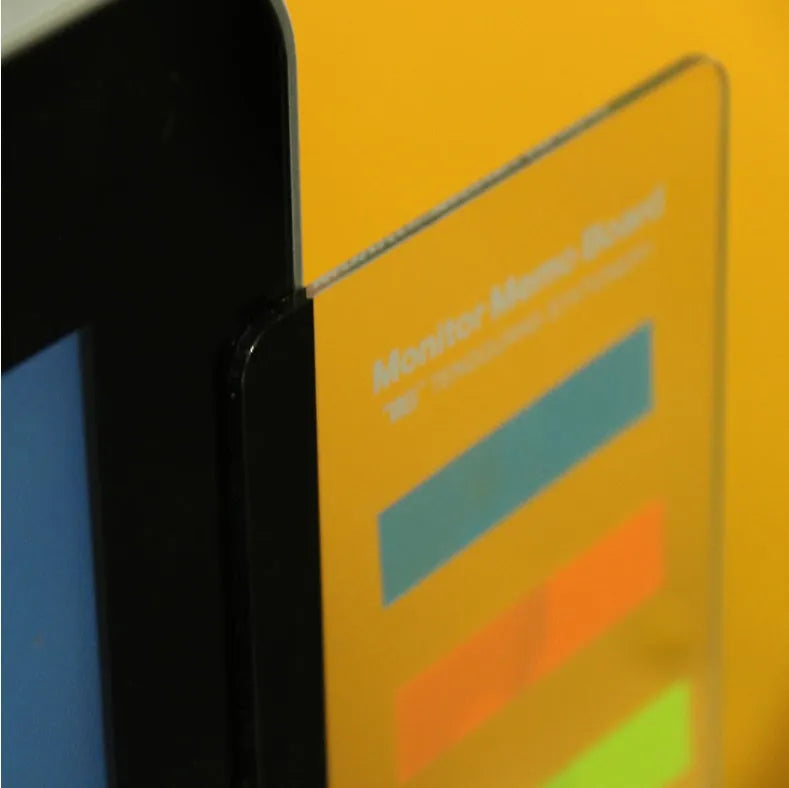 Transparent acrylic computer monitor side pane note board measuring 28cm by 7.8cm beside a screen