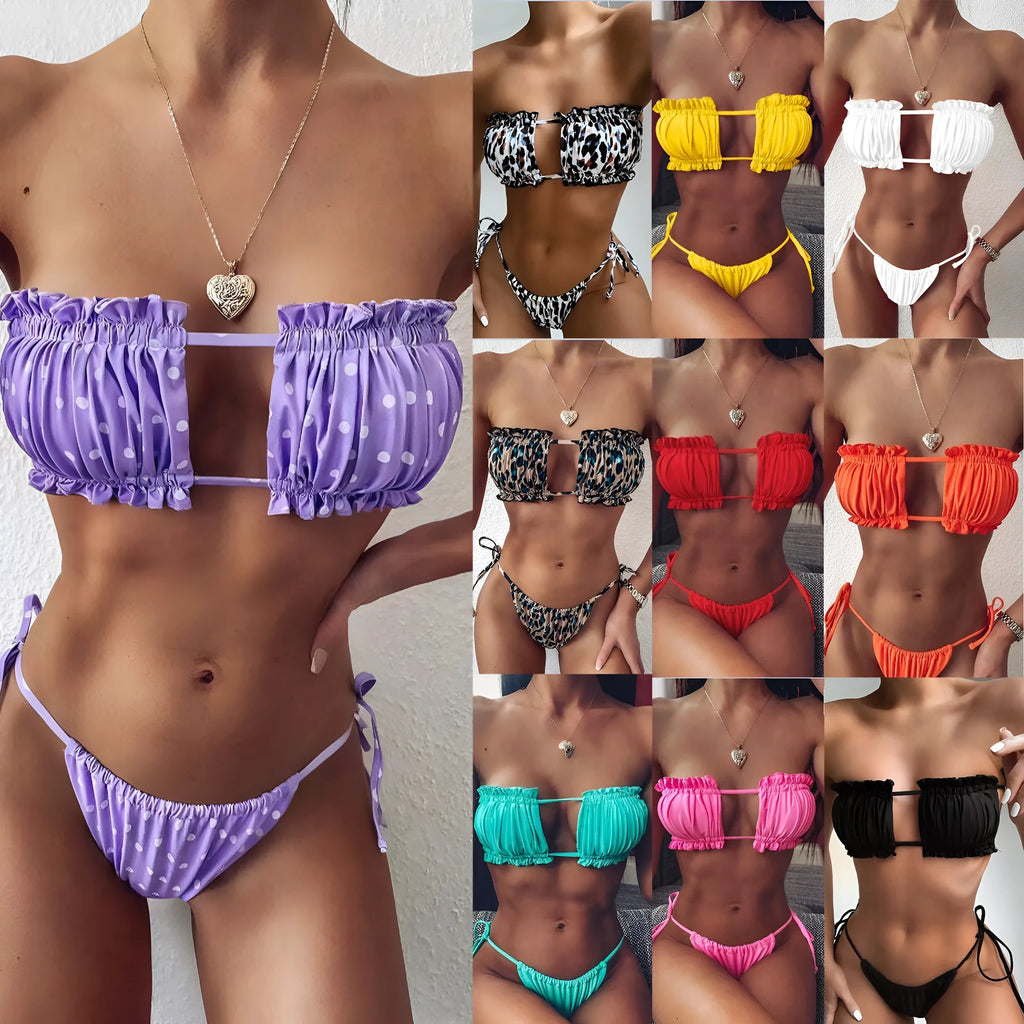 Multicolor pleated hollow bikini set with open back, polyester nylon fabric, sizes S M L for swimming