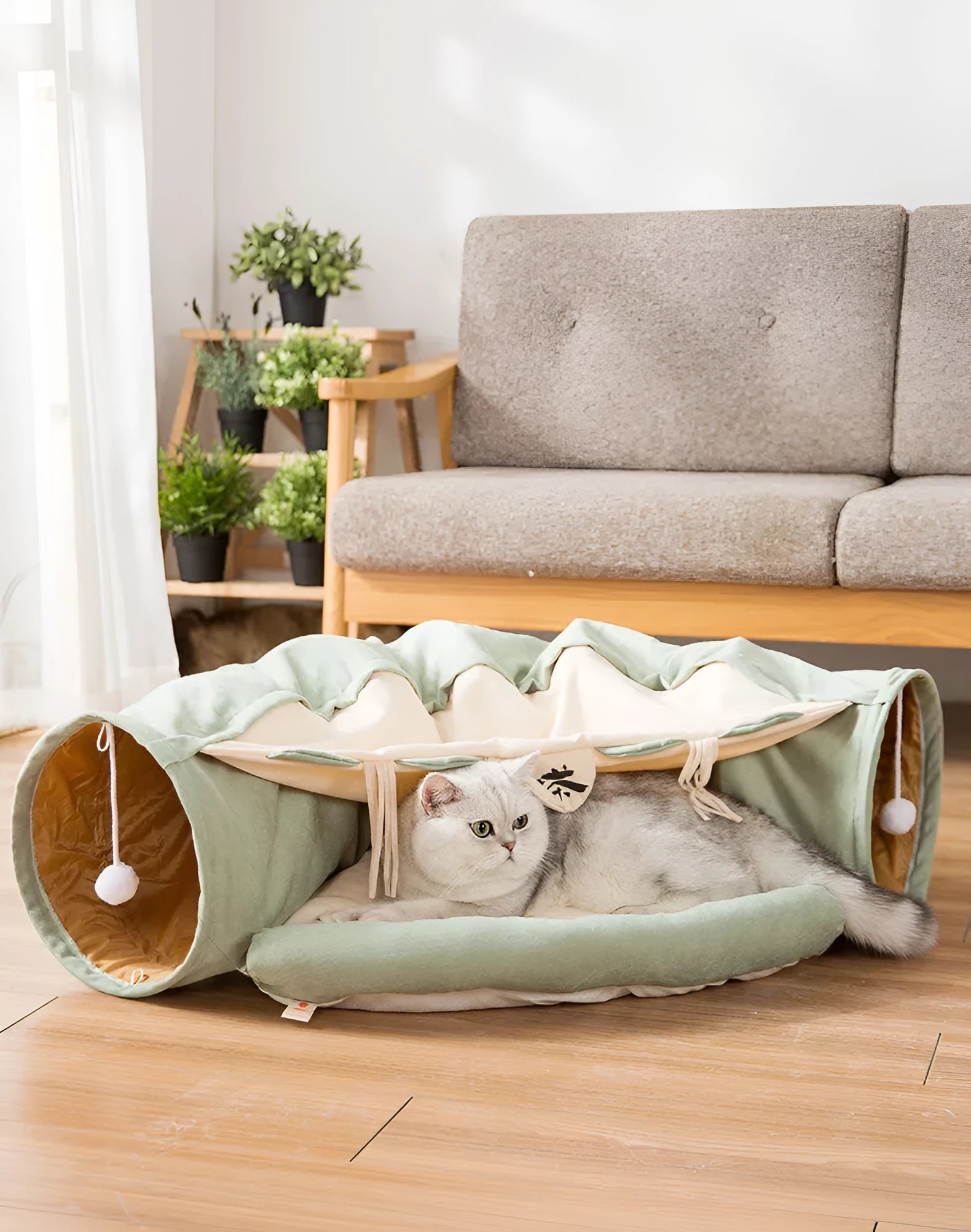 Collapsible cloth cat tunnel folded flat showing Bar colour option with 45cm length measurement