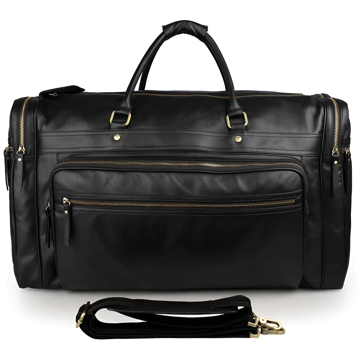 Large black leather travel bag in first layer cowhide with shoulder strap and zipper closure for men