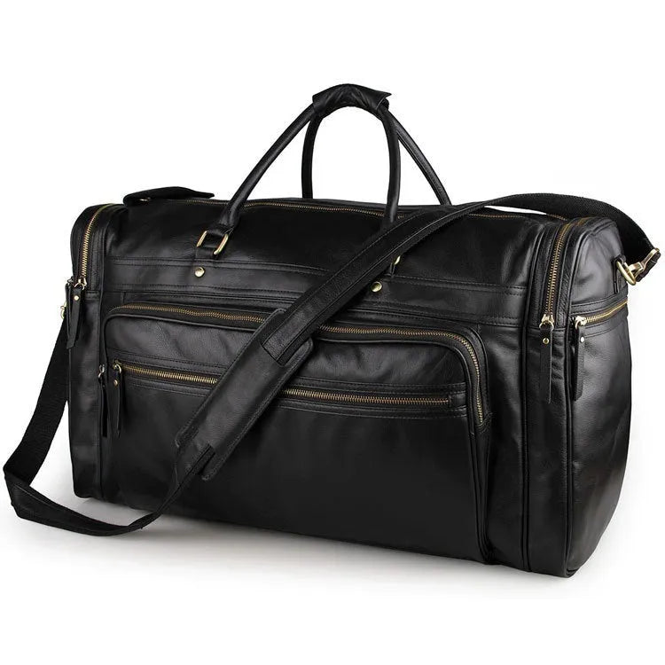Large black leather travel bag in first layer cowhide with shoulder strap and zipper closure for men