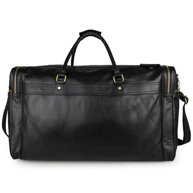 Large black leather travel bag in first layer cowhide with shoulder strap and zipper closure for men