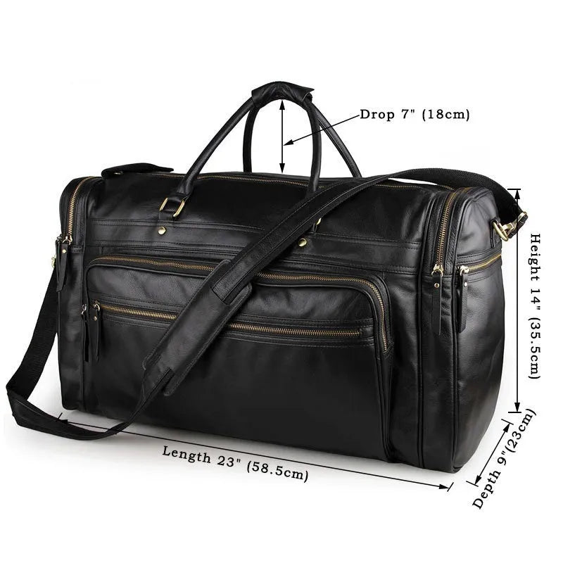 Large black leather travel bag in first layer cowhide with shoulder strap and zipper closure for men