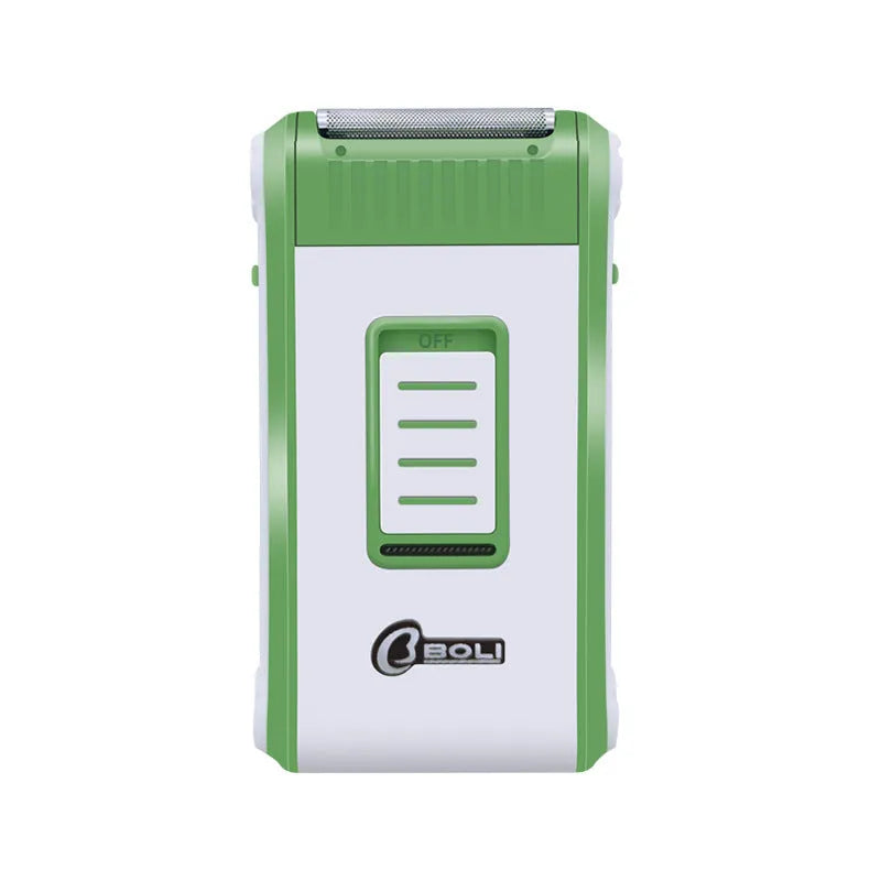 Reciprocating double-layer net electric shaver with ABS plastic casing in the colour shown.