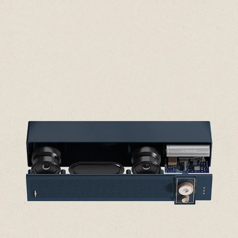 Retro style portable Bluetooth speaker in blue, pink, or white with multiple connectivity ports