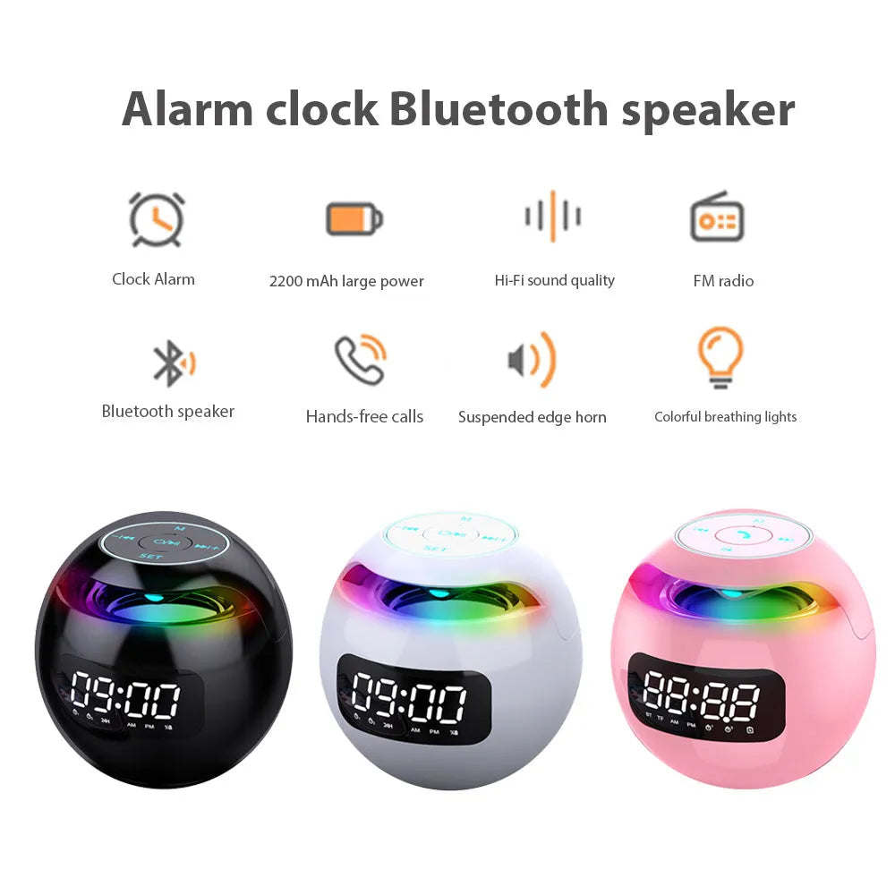 Portable wireless alarm clock Bluetooth speaker with black plastic shell, 8.5cm cube, button controls