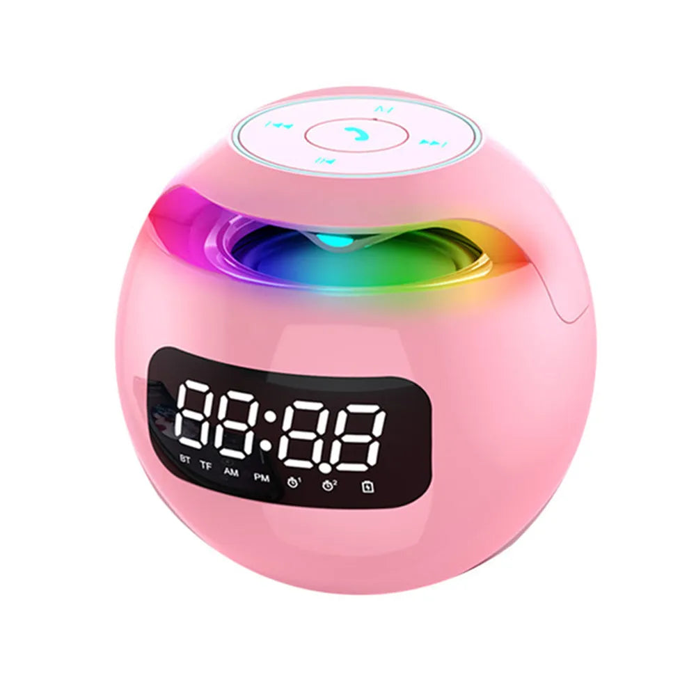 Portable wireless alarm clock Bluetooth speaker with black plastic shell, 8.5cm cube, button controls