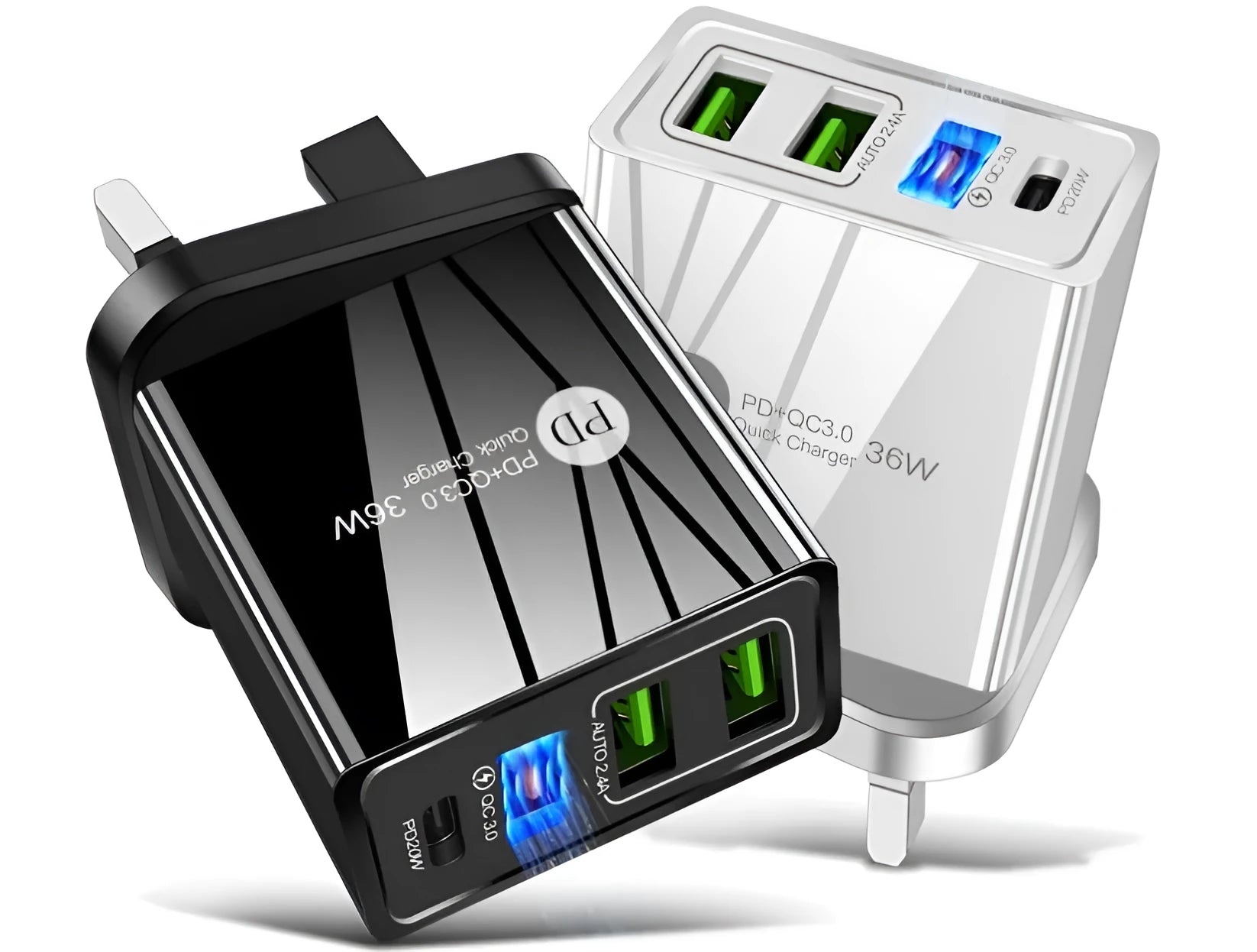 20W PD fast charging head with multiple USB ports in a choice of six colours including British Black and European White.