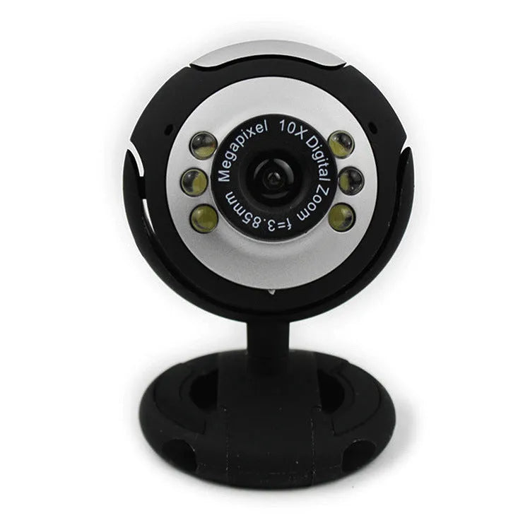 USB webcam for computers with six built-in white LED lights around the lens.