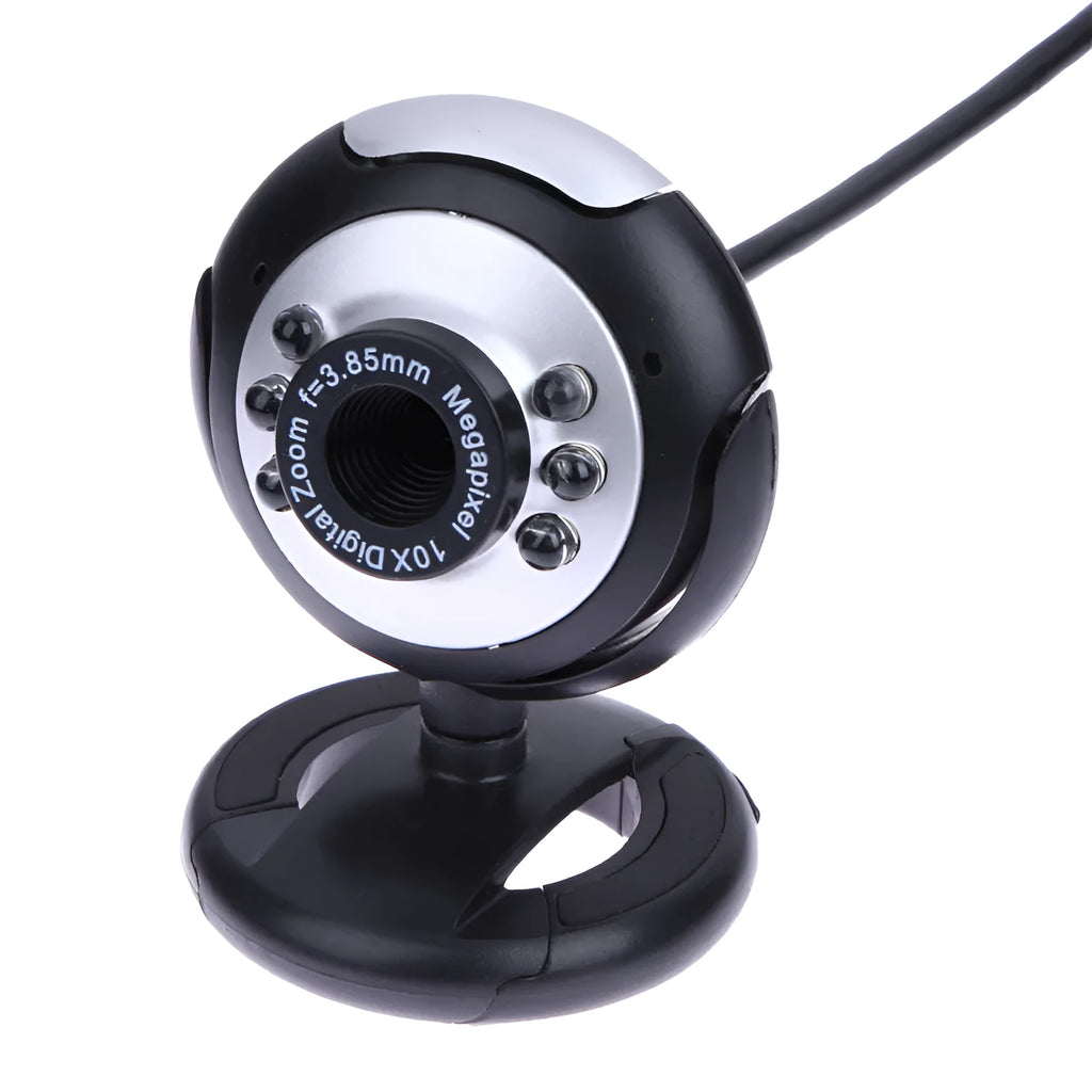 USB webcam for computers with six built-in white LED lights around the lens.