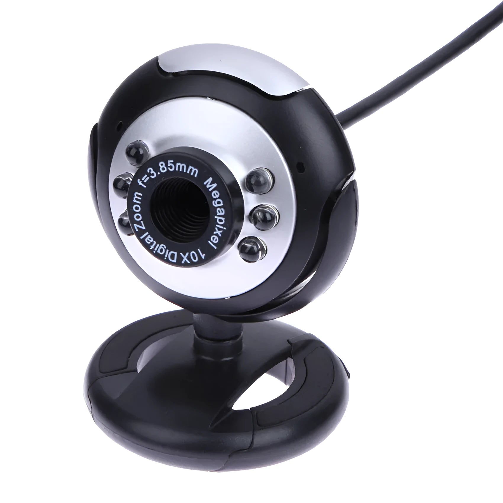 USB webcam for computers with six built-in white LED lights around the lens.