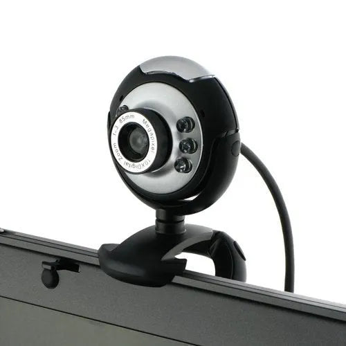 USB webcam for computers with six built-in white LED lights around the lens.