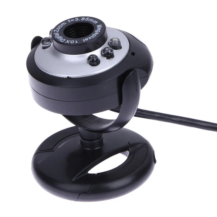 USB webcam for computers with six built-in white LED lights around the lens.