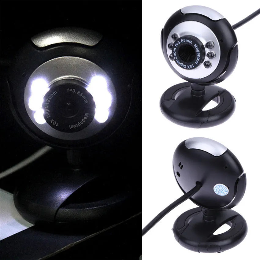 USB webcam for computers with six built-in white LED lights around the lens.