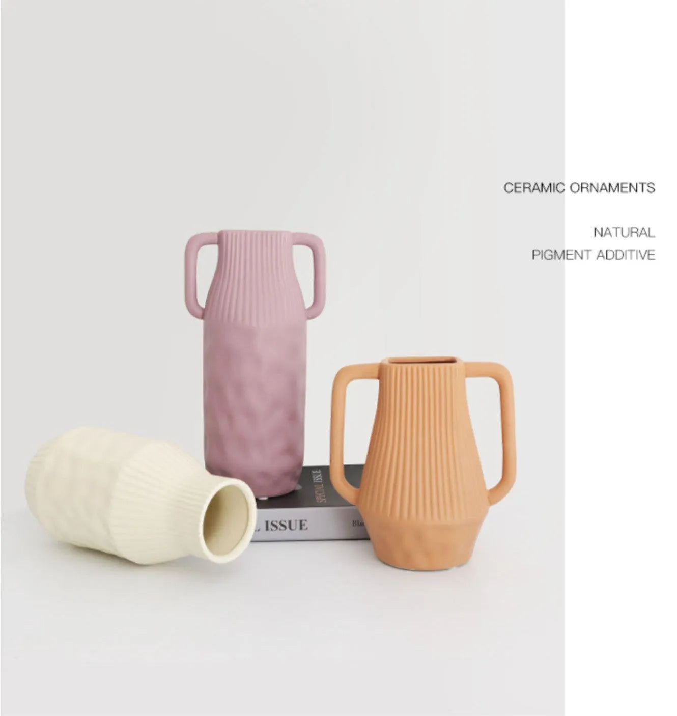 Morandi style ceramic vase with hammered texture in beige, brown, or purple.