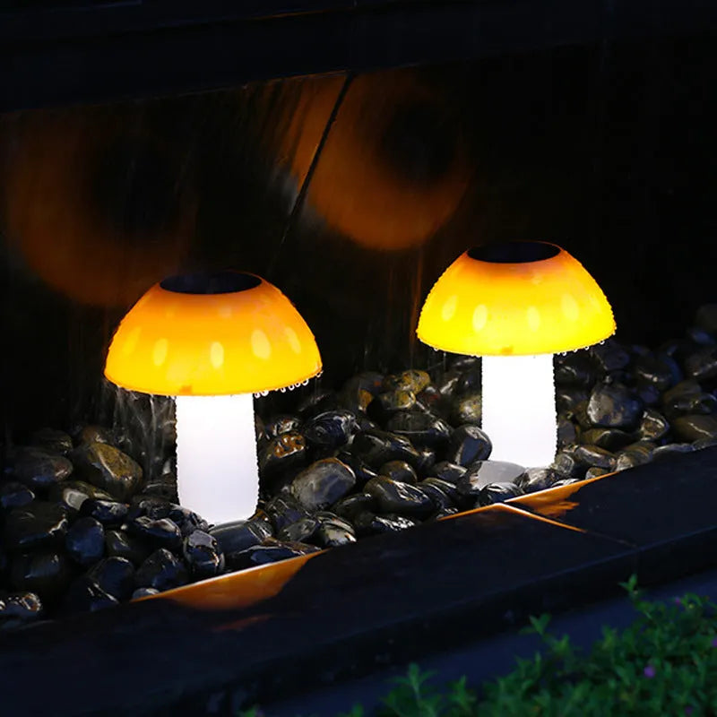 Solar mushroom ground plug light for garden installation with white or warm LED options
