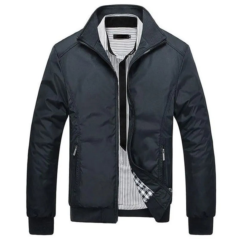 Men's blue extra wide polyester casual jacket with stand collar and zip front on display.