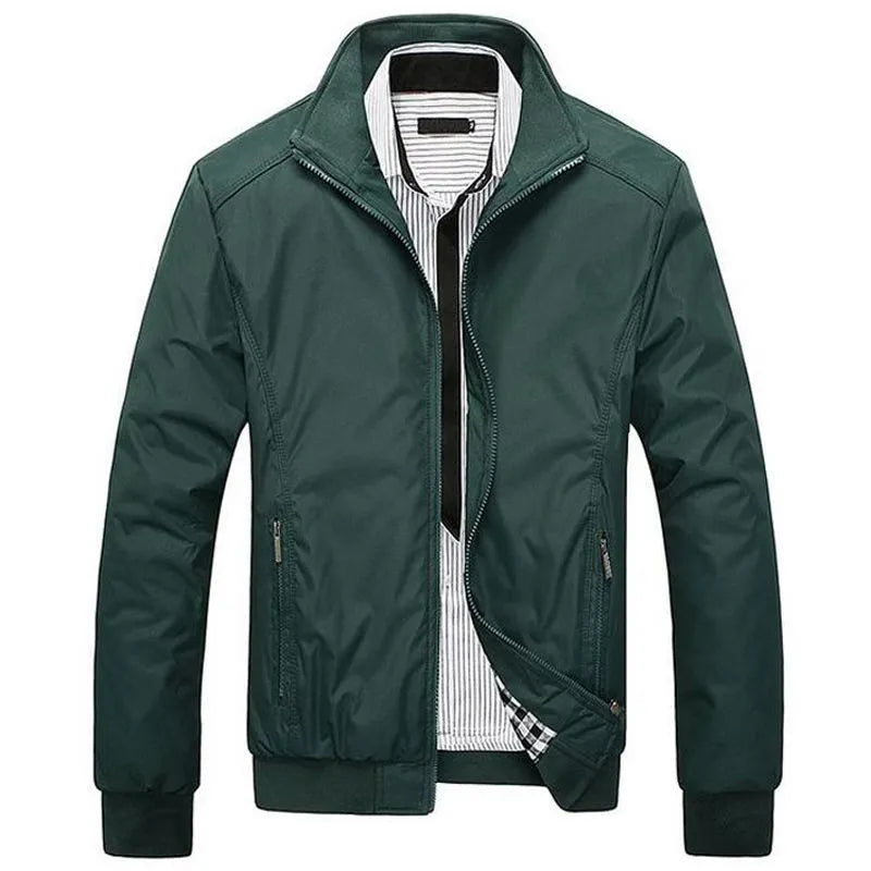 Men's blue extra wide polyester casual jacket with stand collar and zip front on display.