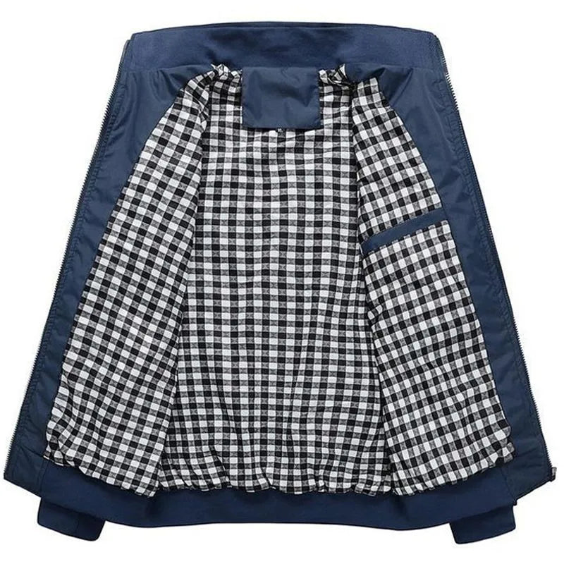 Men's blue extra wide polyester casual jacket with stand collar and zip front on display.