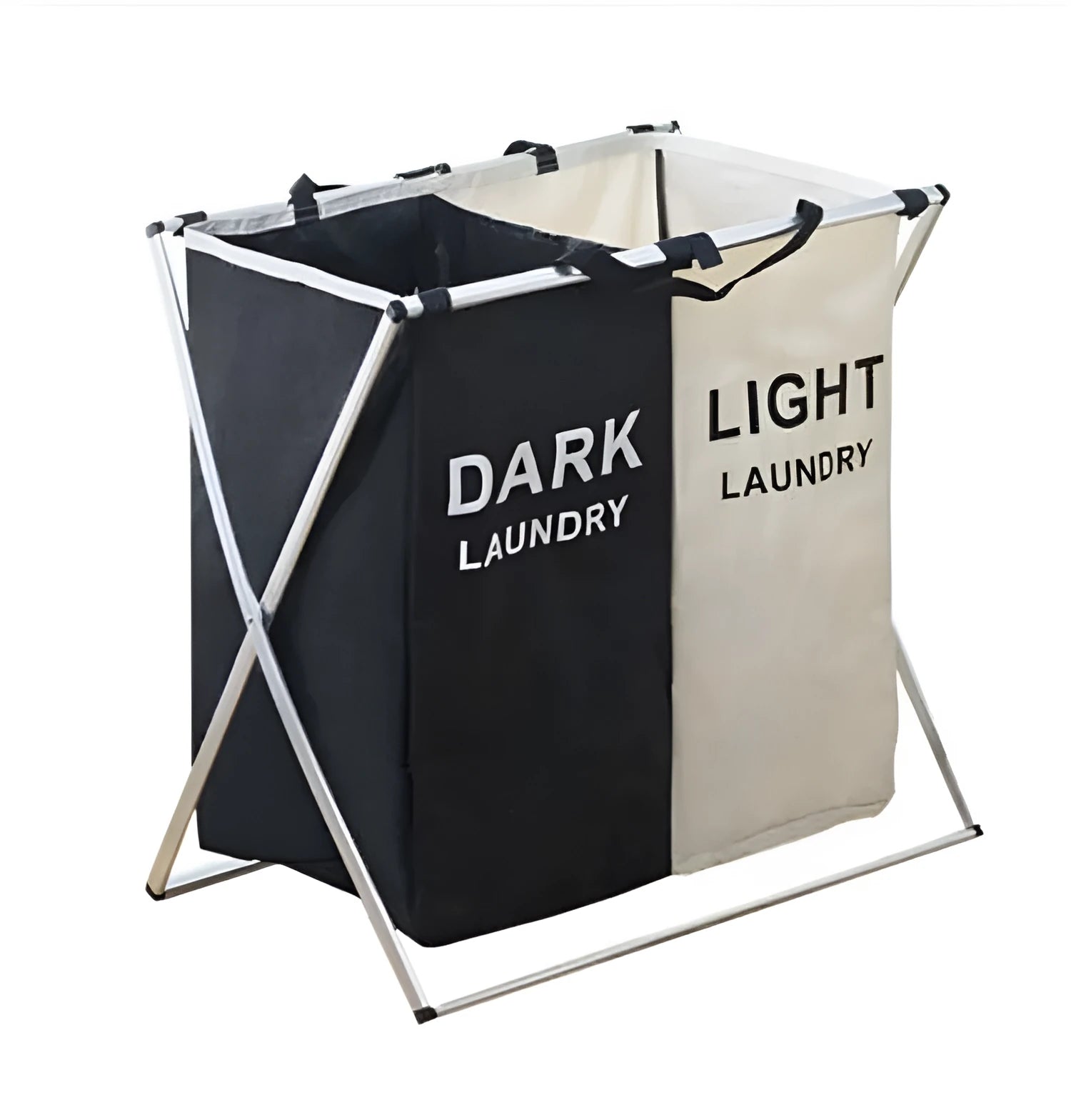 Collapsible multi-compartment laundry hamper made of Oxford cloth and aluminium tube in black and beige
