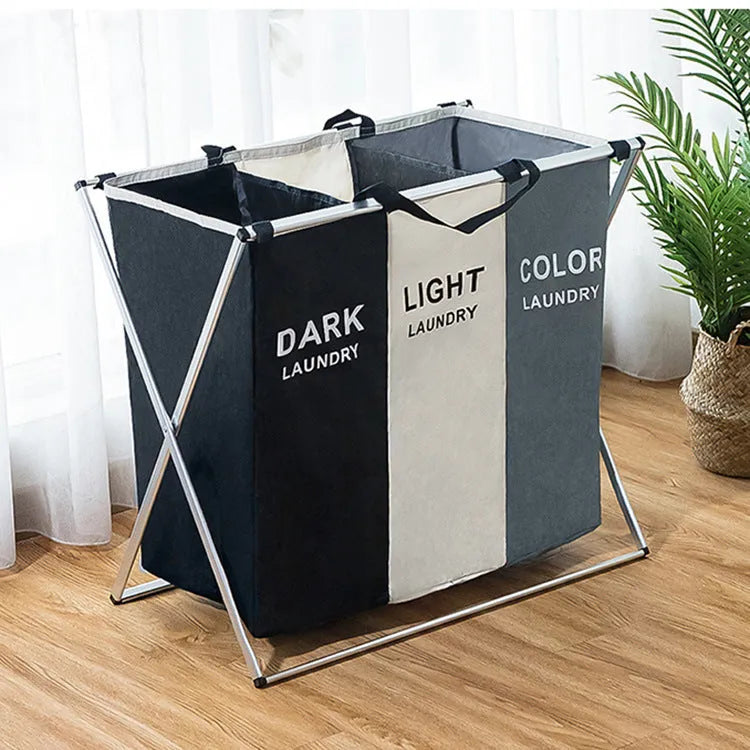 Collapsible multi-compartment laundry hamper made of Oxford cloth and aluminium tube in black and beige