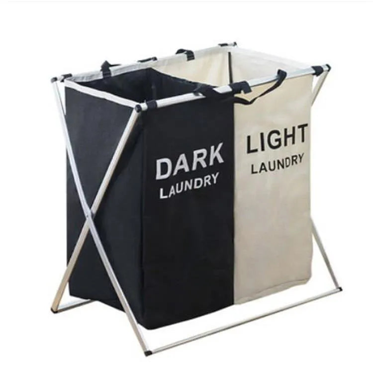 Collapsible multi-compartment laundry hamper made of Oxford cloth and aluminium tube in black and beige