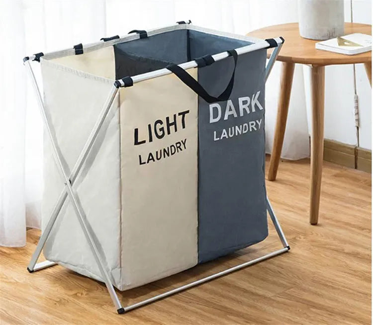 Collapsible multi-compartment laundry hamper made of Oxford cloth and aluminium tube in black and beige