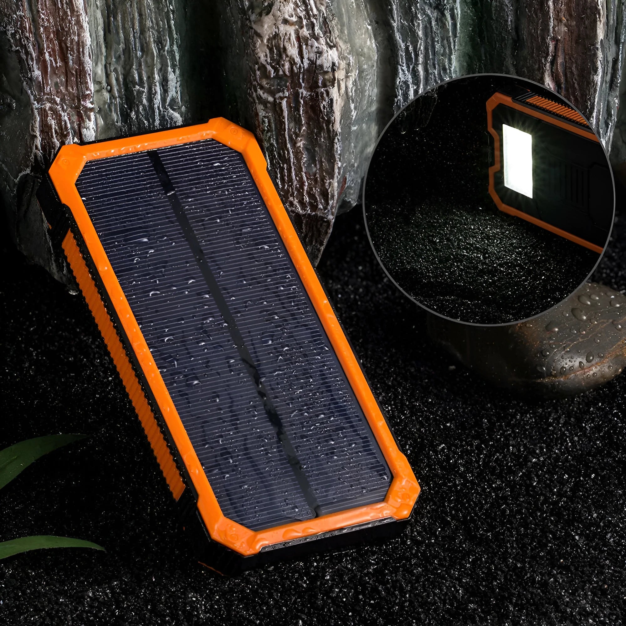 Orange Three Proofs solar power bank with 20000mAh capacity and multiple USB ports.