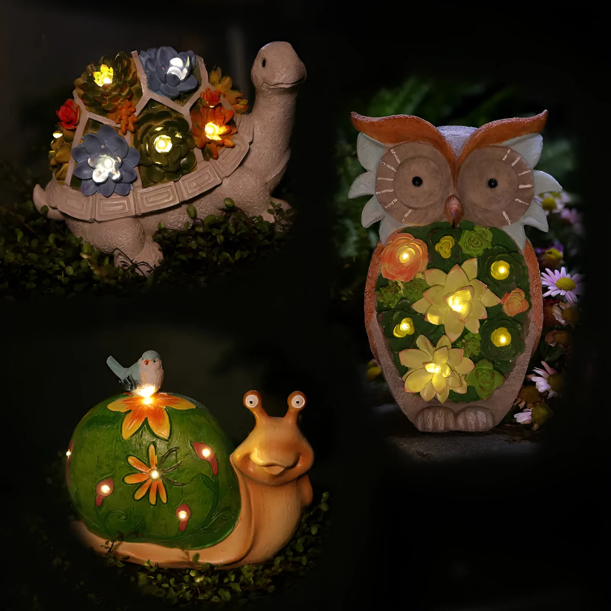 Solar animal light in owl, snail or tortoise style with rubber body and LED for courtyard or window sill