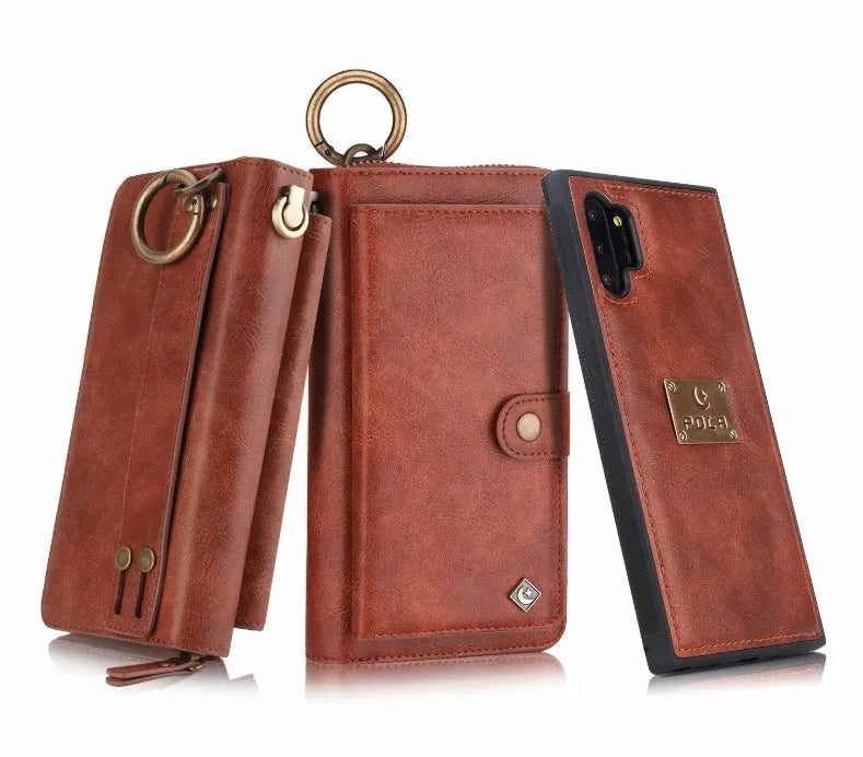 Black PU leather zipper wallet case open to show phone slot and card holders for a Samsung Galaxy phone.