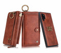 Black PU leather zipper wallet case open to show phone slot and card holders for a Samsung Galaxy phone.