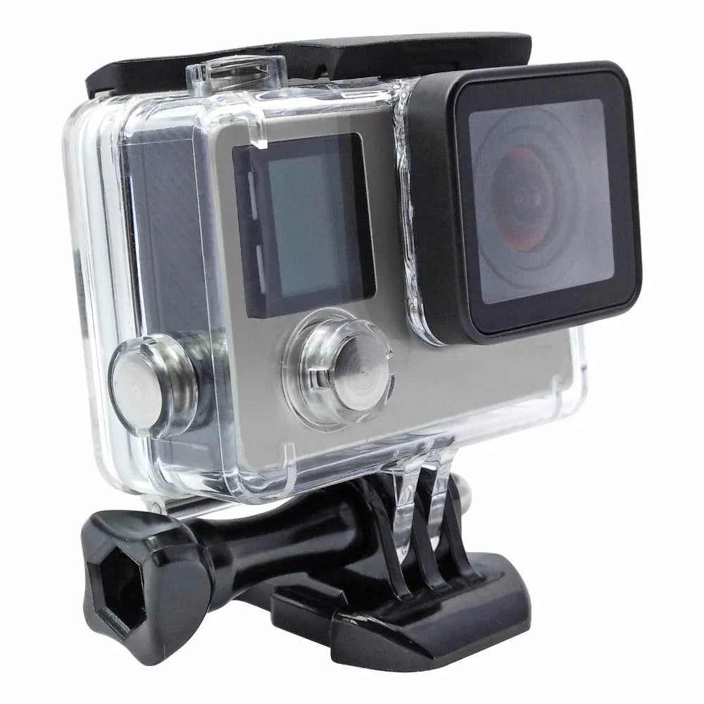 Transparent and black waterproof housing case for GoPro Hero 4 and 3 Plus, 30-metre depth rating