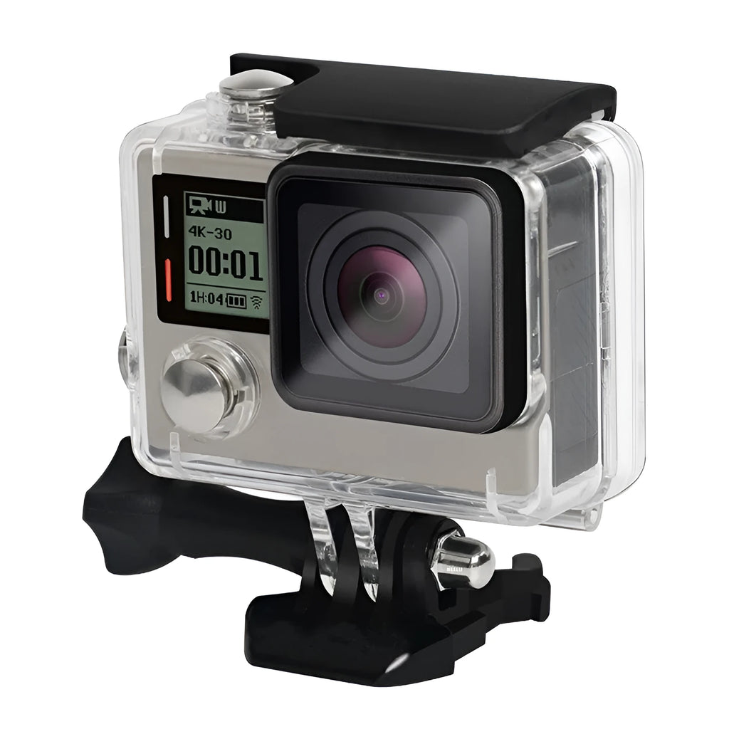 Transparent and black waterproof housing case for GoPro Hero 4 and 3 Plus, 30-metre depth rating