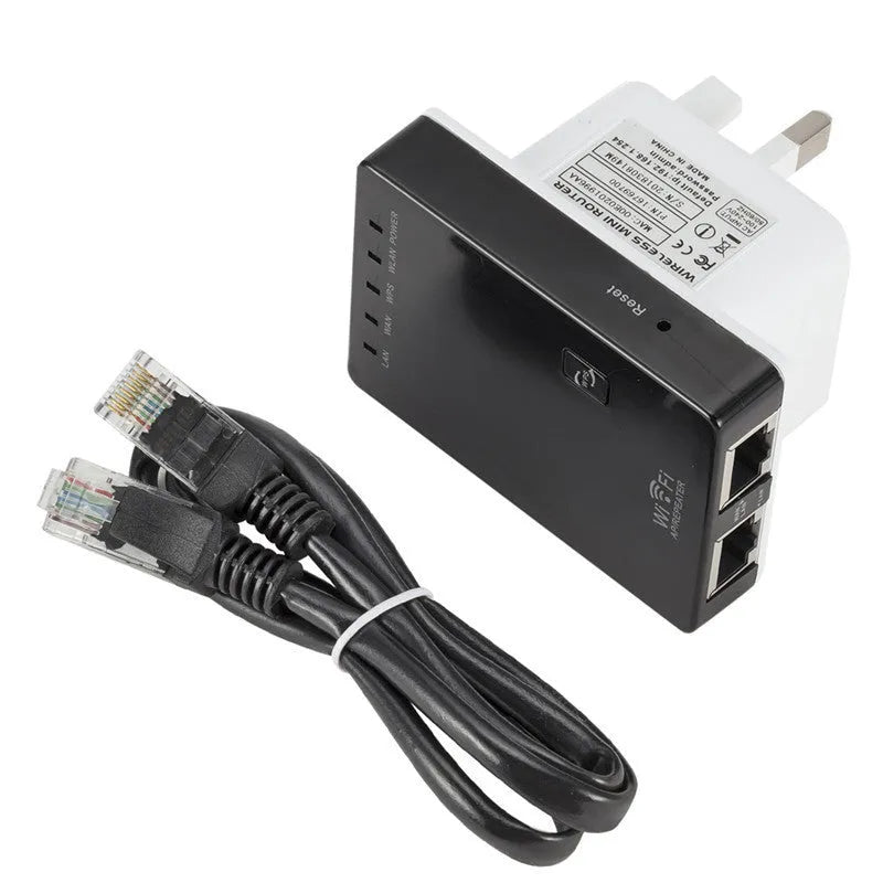 Black 300M wireless signal repeater with dual network ports, lightning protection, for home use