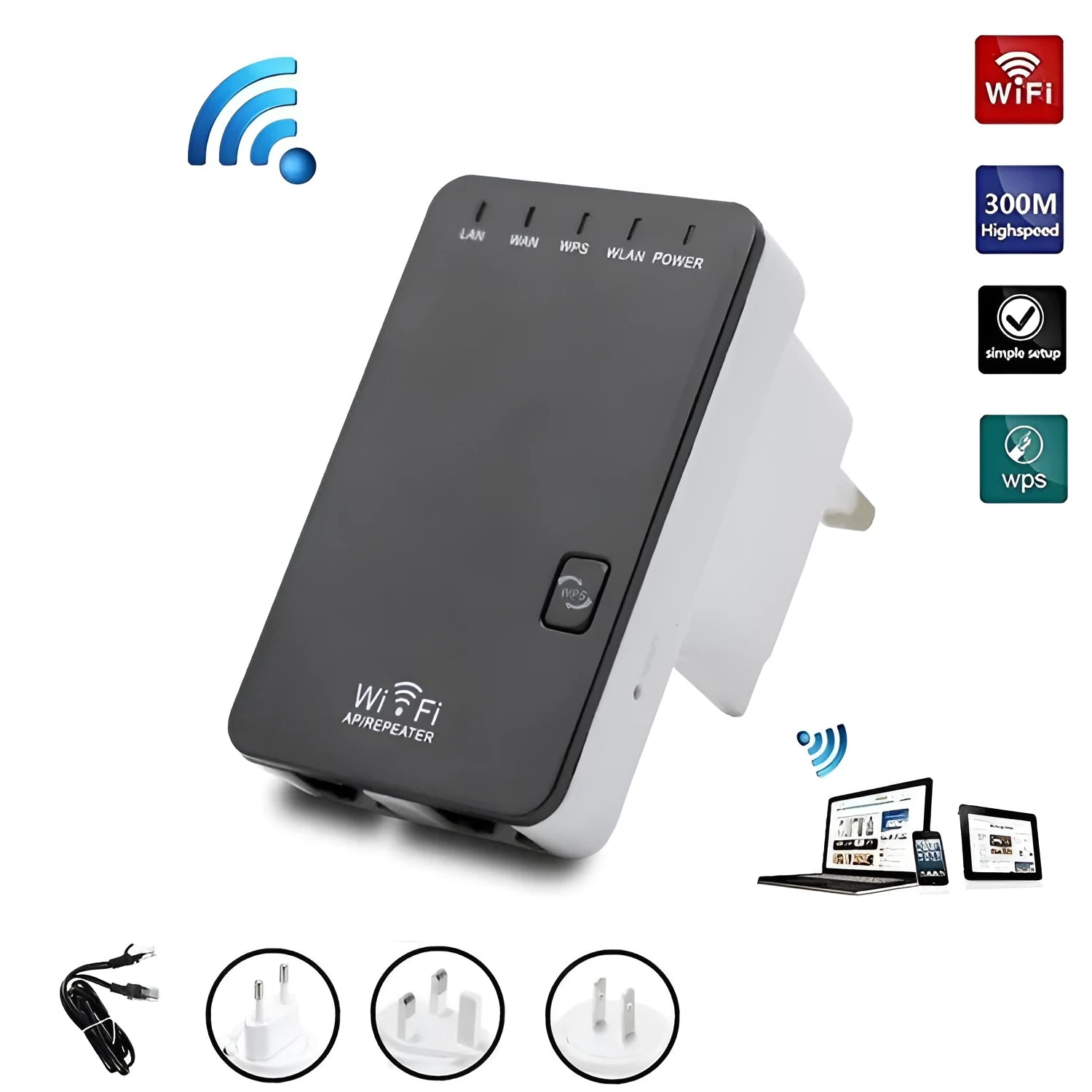 Black 300M wireless signal repeater with dual network ports, lightning protection, for home use