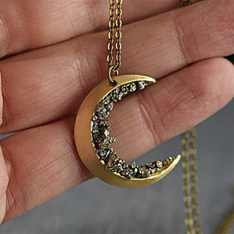 Crescent necklace broken crystal gold retro glamour women long chain with 46+5cm length and 3.3cm pendant
