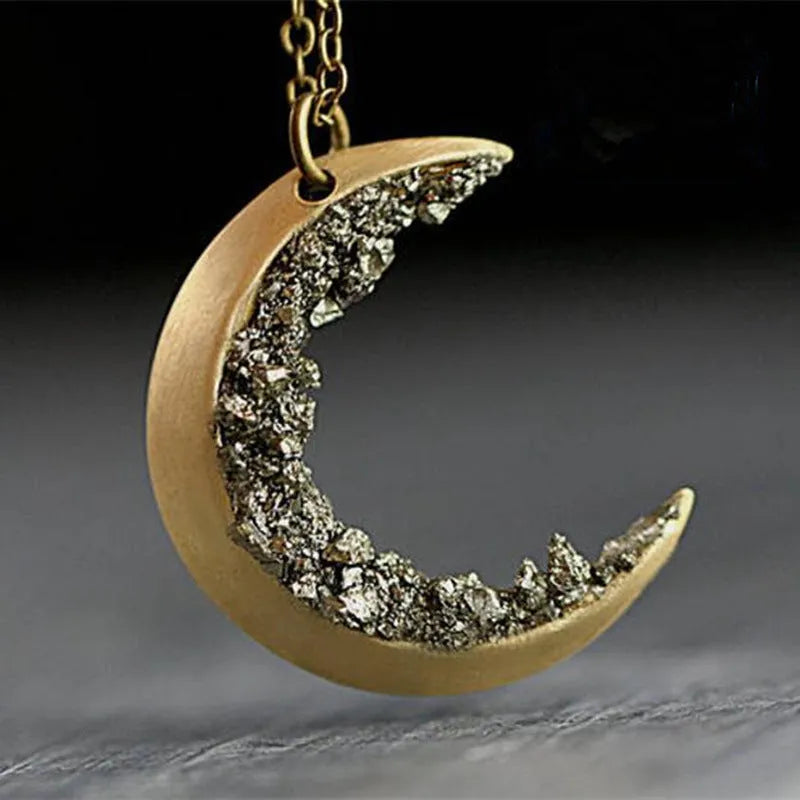 Crescent necklace broken crystal gold retro glamour women long chain with 46+5cm length and 3.3cm pendant