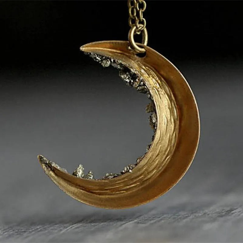 Crescent necklace broken crystal gold retro glamour women long chain with 46+5cm length and 3.3cm pendant