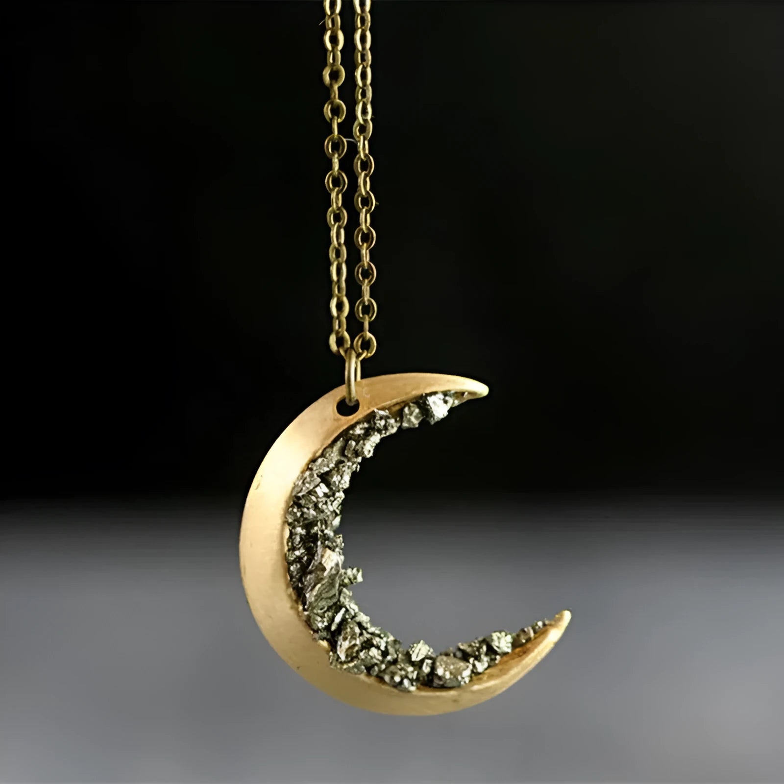 Crescent necklace broken crystal gold retro glamour women long chain with 46+5cm length and 3.3cm pendant