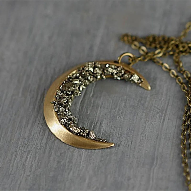 Crescent necklace broken crystal gold retro glamour women long chain with 46+5cm length and 3.3cm pendant