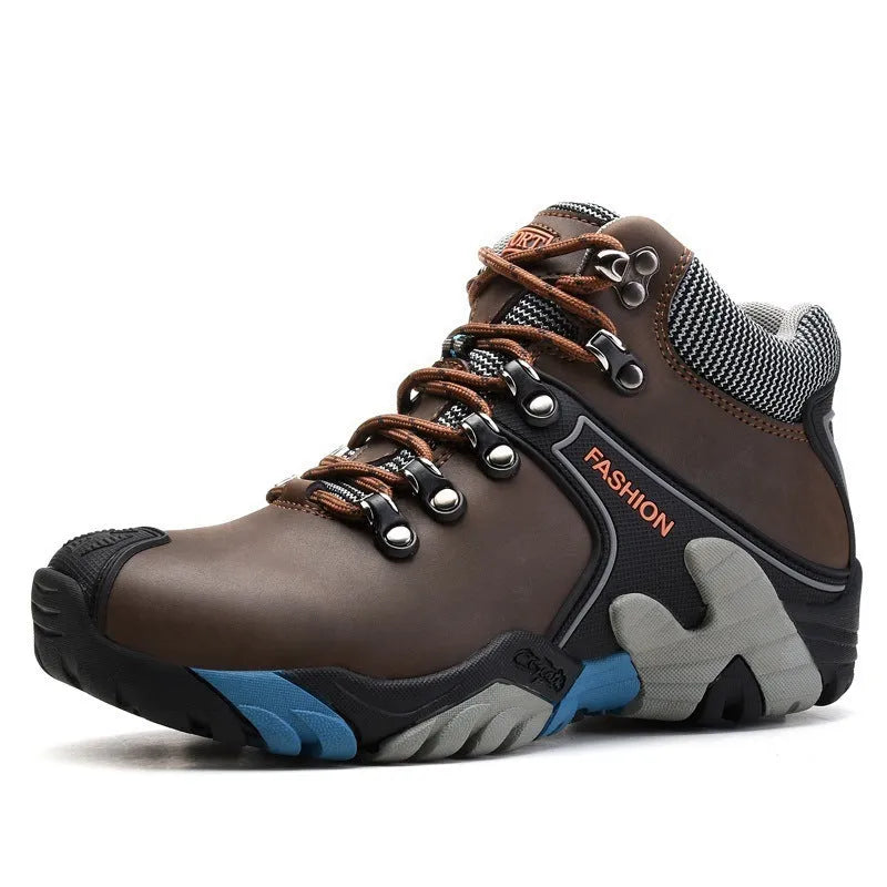 Men's high-top non-slip outdoor hiking shoes in black with two-layer cowhide upper