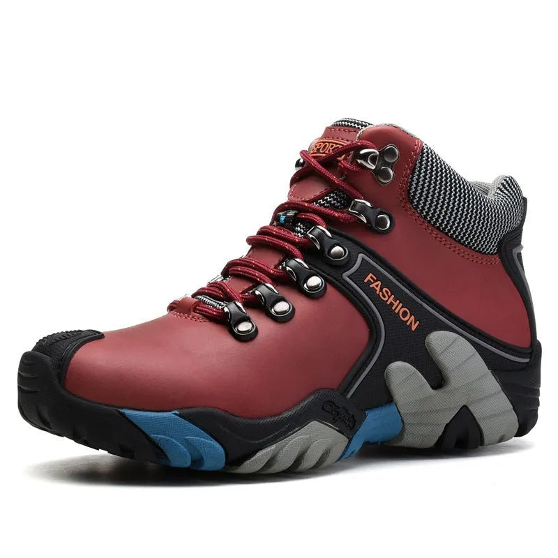 Men's high-top non-slip outdoor hiking shoes in black with two-layer cowhide upper
