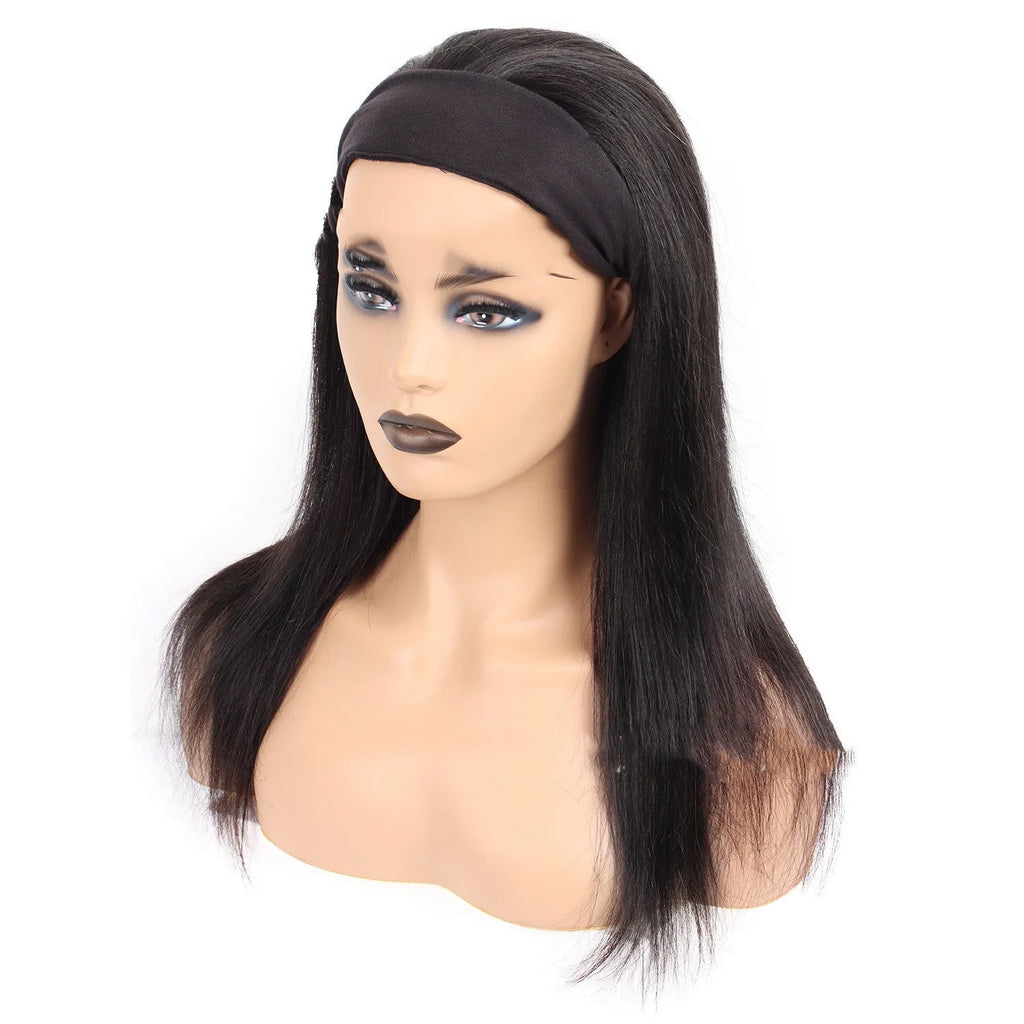 Human hair headband wig reversed band in medium long length