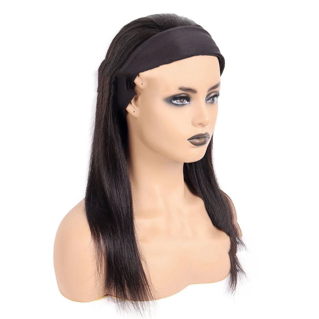Human hair headband wig reversed band in medium long length